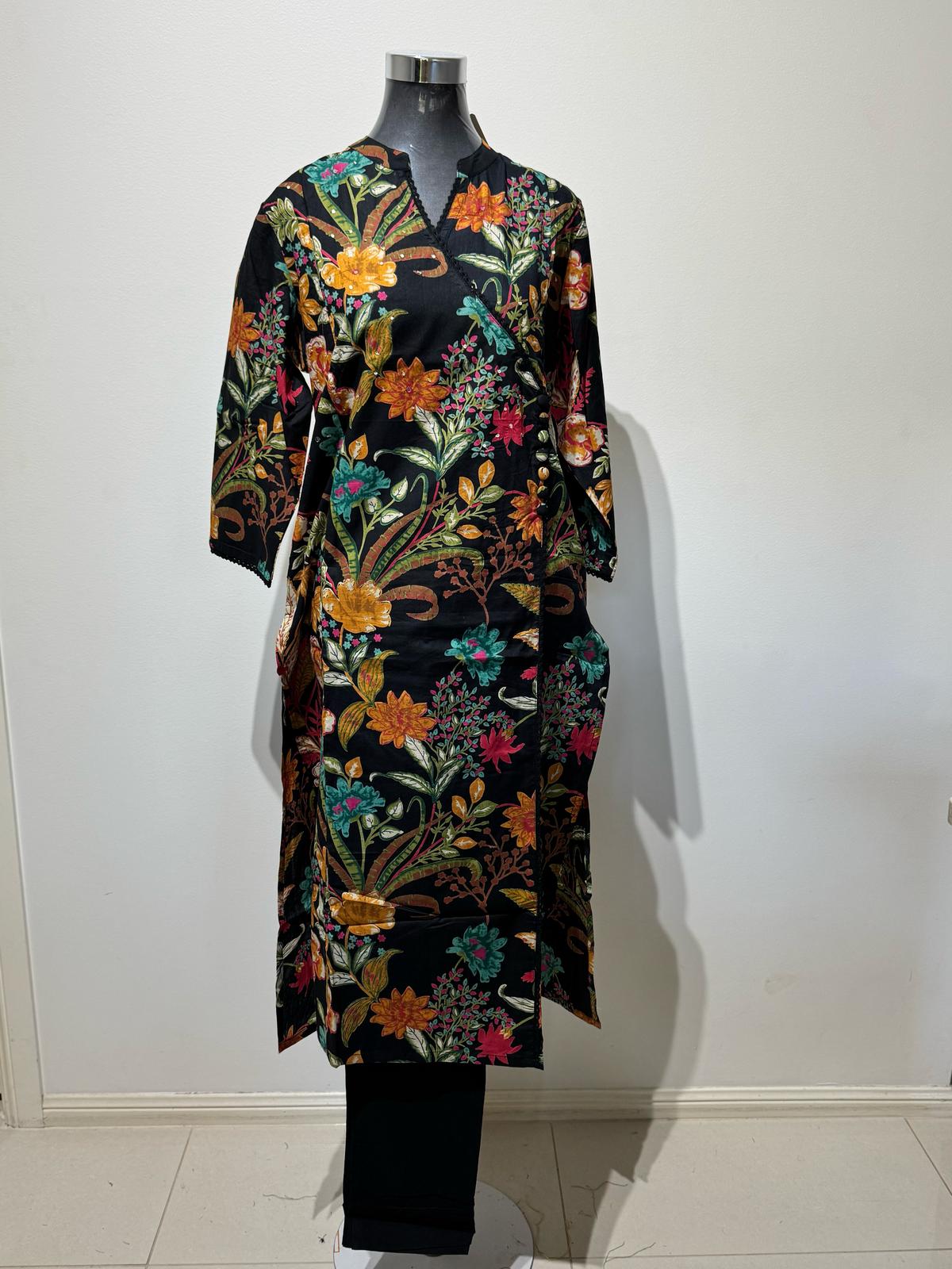Black Solid Printed Suit Set
