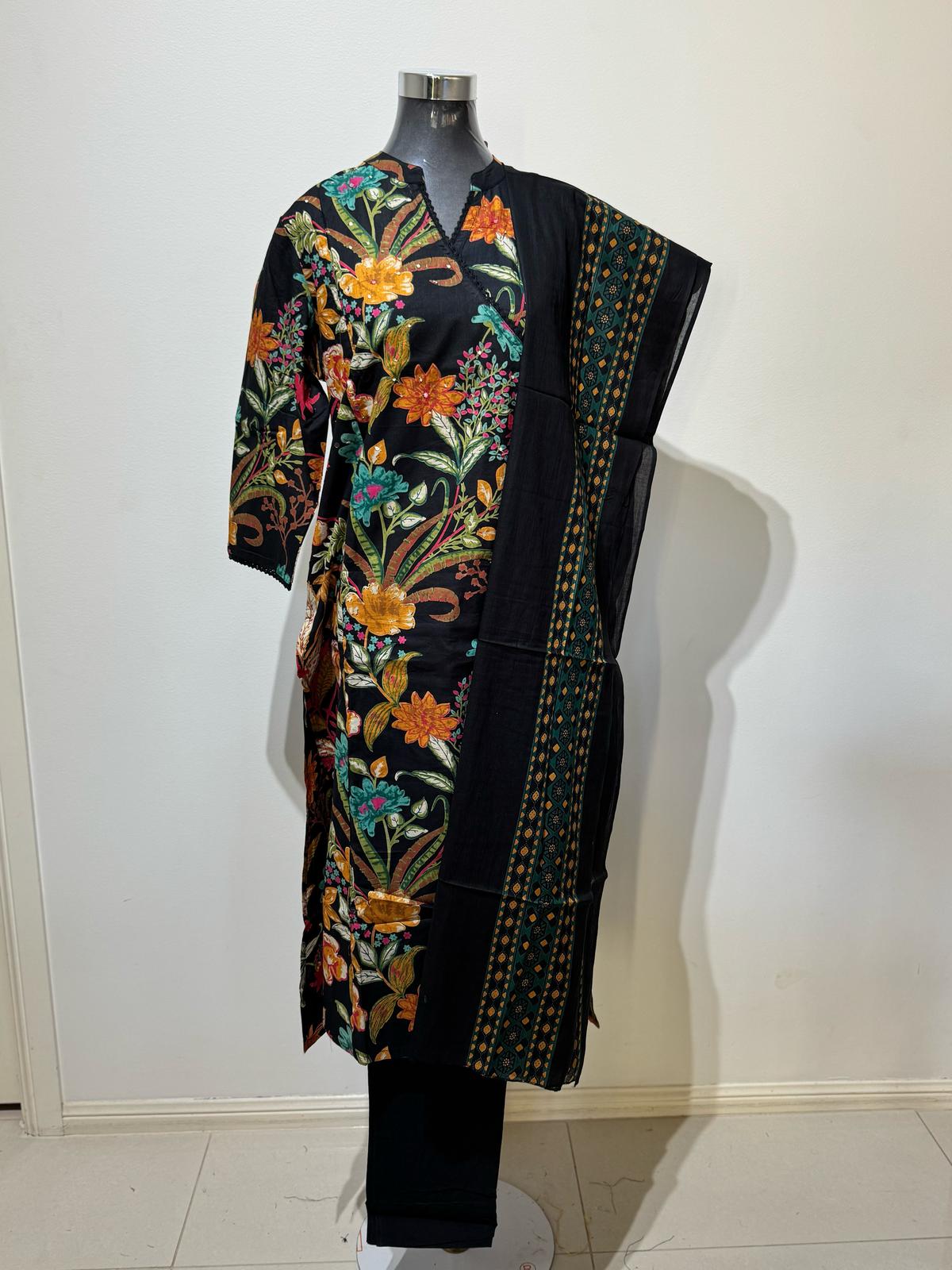 Black Solid Printed Suit Set