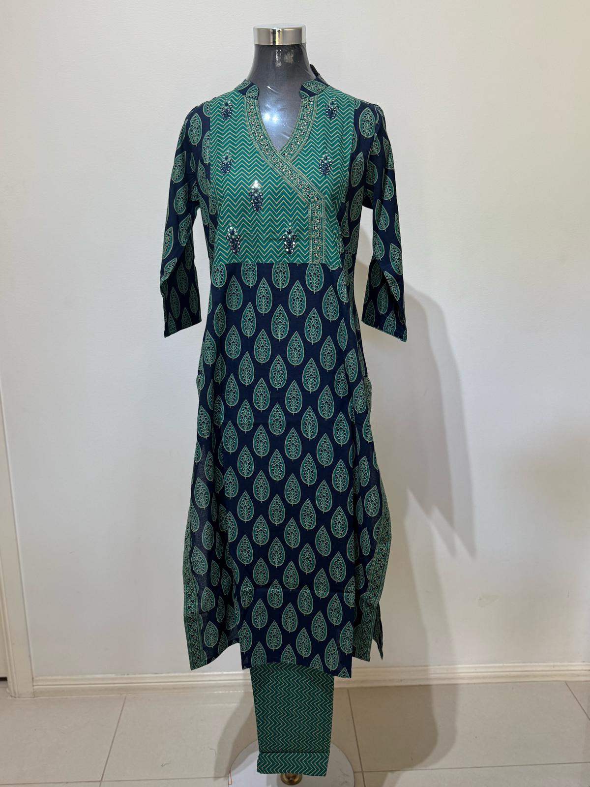 Moss Green Colored Printed Suit Set