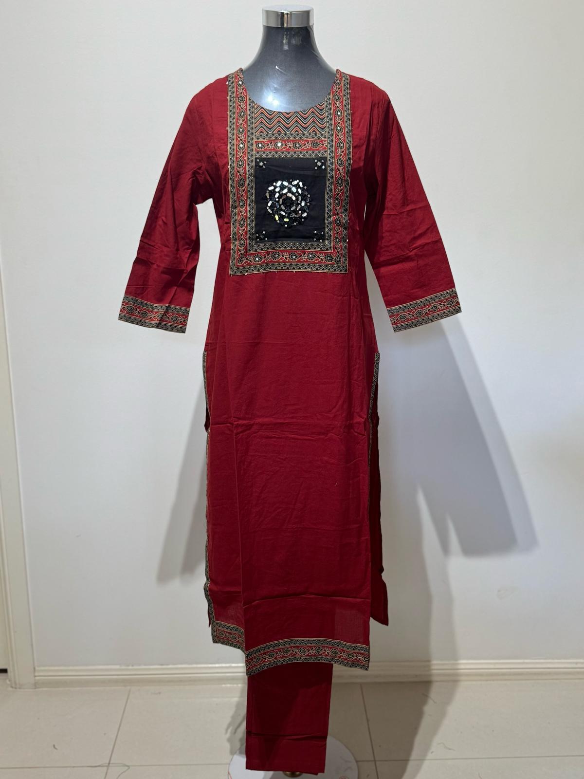 Red & Black Colored Printed Suit Set