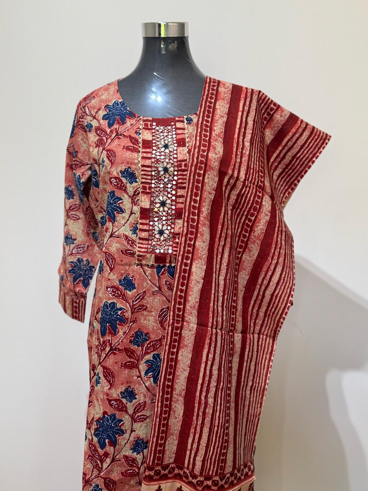 Red Multi-Colored Printed Cotton Suit Set