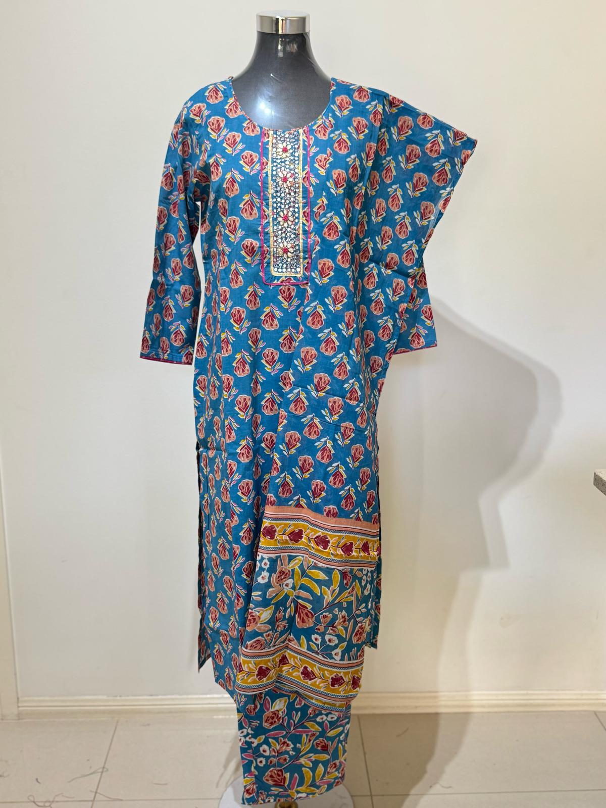 Sea Blue Colored Printed Cotton Suit Set