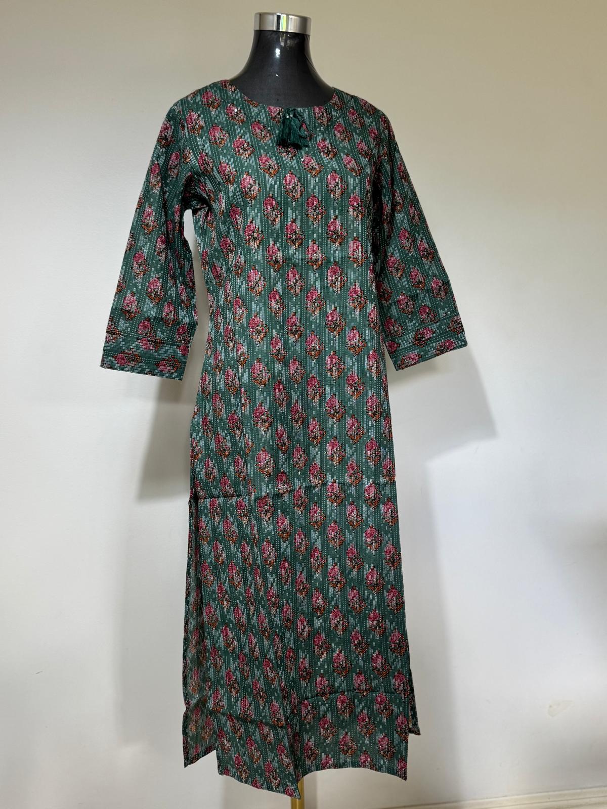 Pink floral on Sea Green Kurti