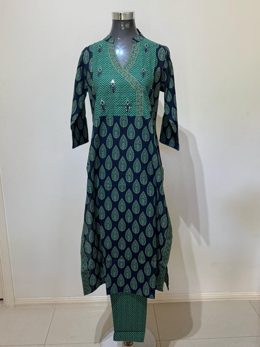 Moss Green Colored Printed Suit Set