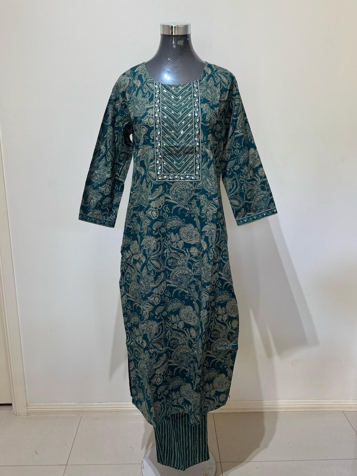 Turqouise Colored Printed Suit Set
