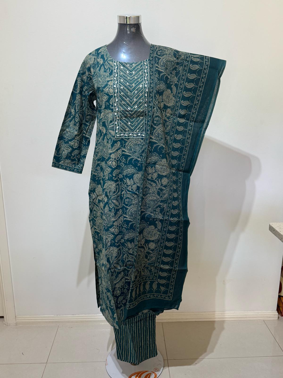 Turqouise Colored Printed Suit Set