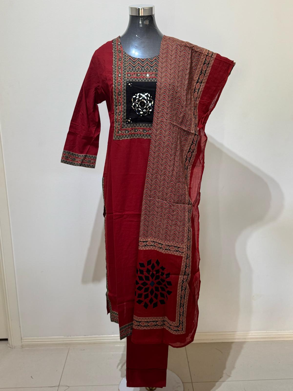 Red & Black Colored Printed Suit Set