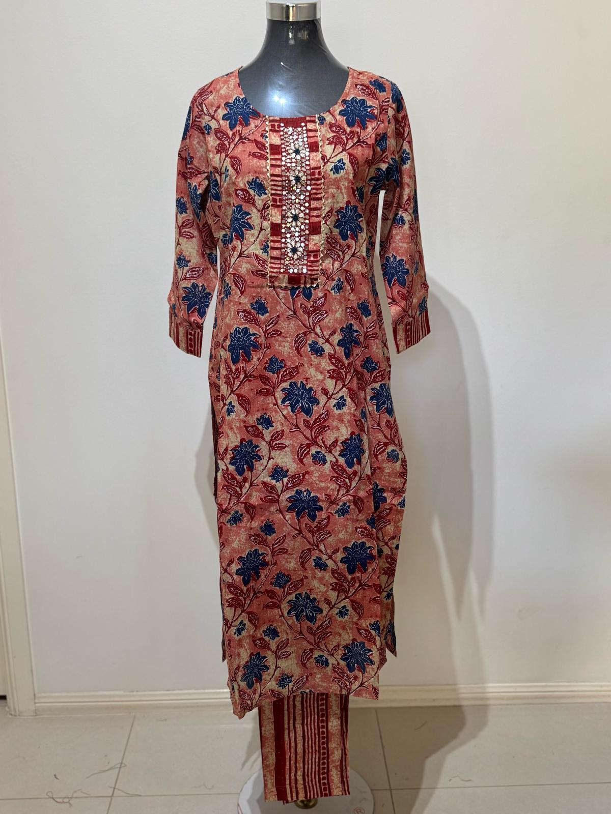 Red Multi-Colored Printed Cotton Suit Set