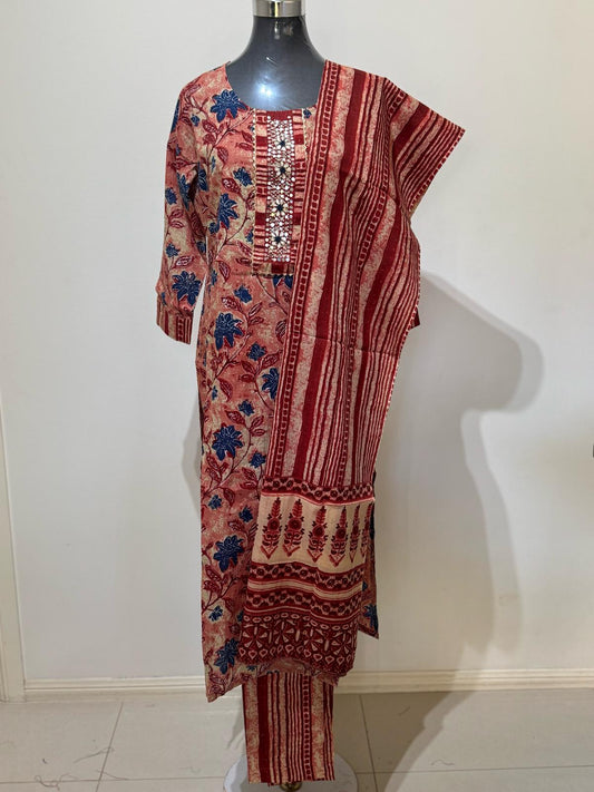 Red Multi-Colored Printed Cotton Suit Set