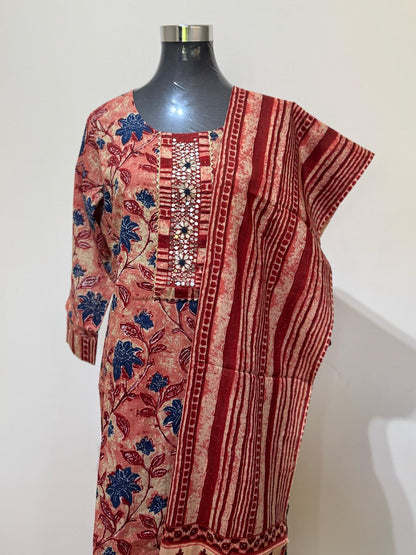 Red Multi-Colored Printed Cotton Suit Set