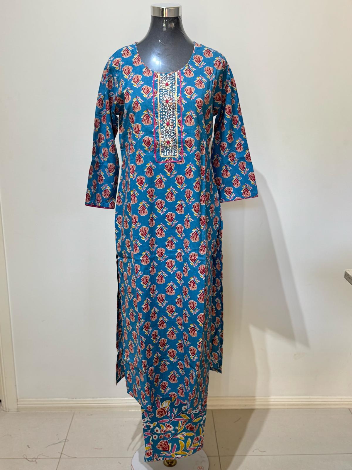 Sea Blue Colored Printed Cotton Suit Set