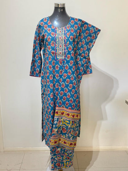 Sea Blue Colored Printed Cotton Suit Set