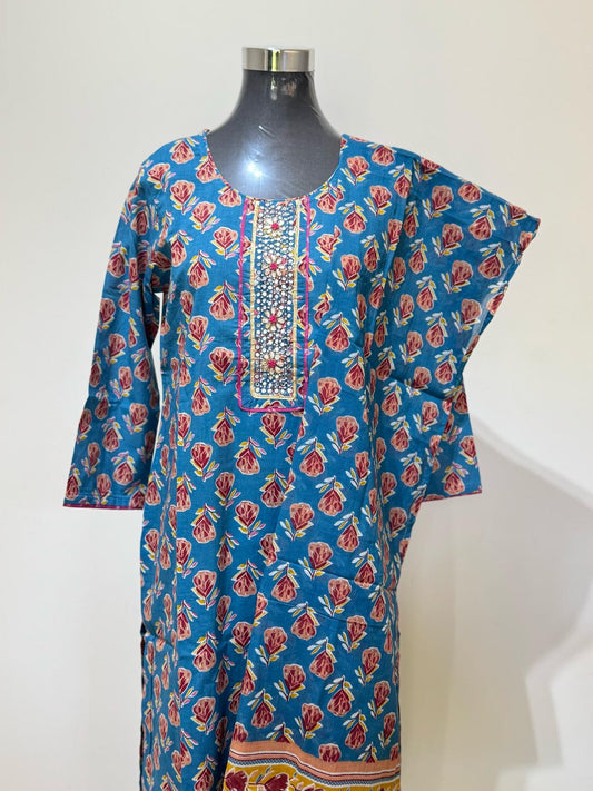 Sea Blue Colored Printed Cotton Suit Set