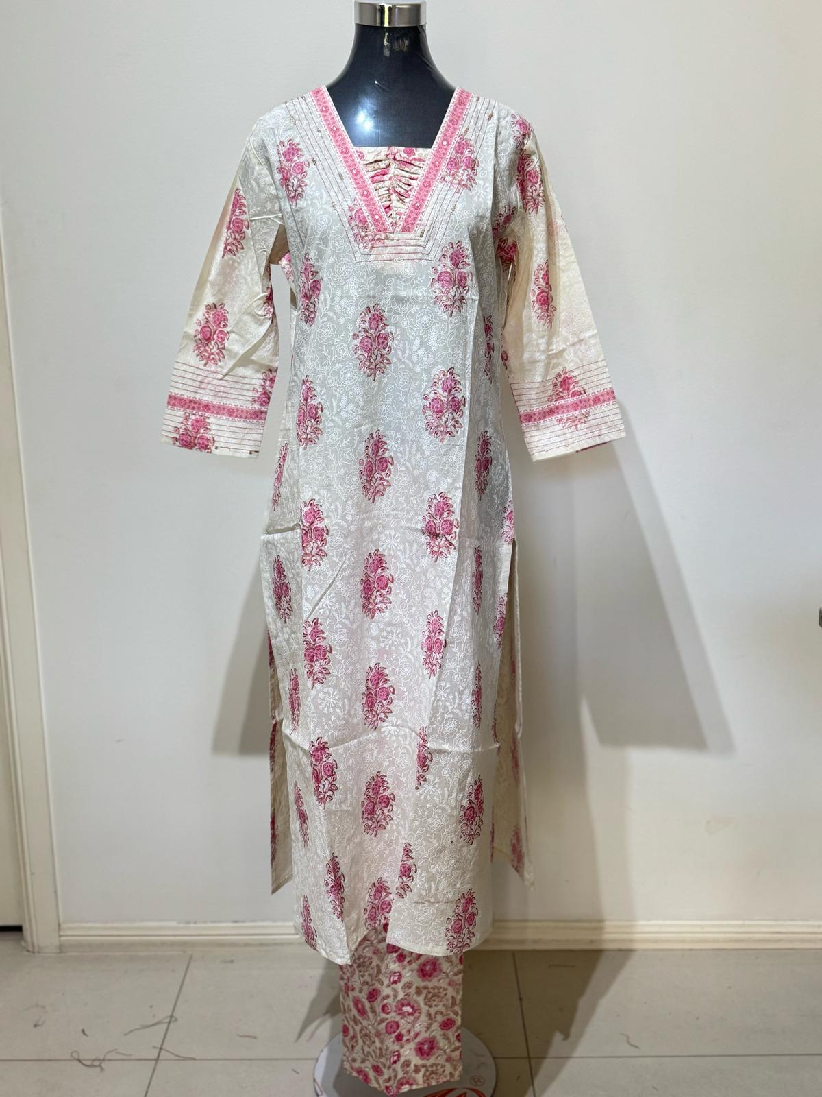 Pink On White Cotton Colored Printed Suit Set