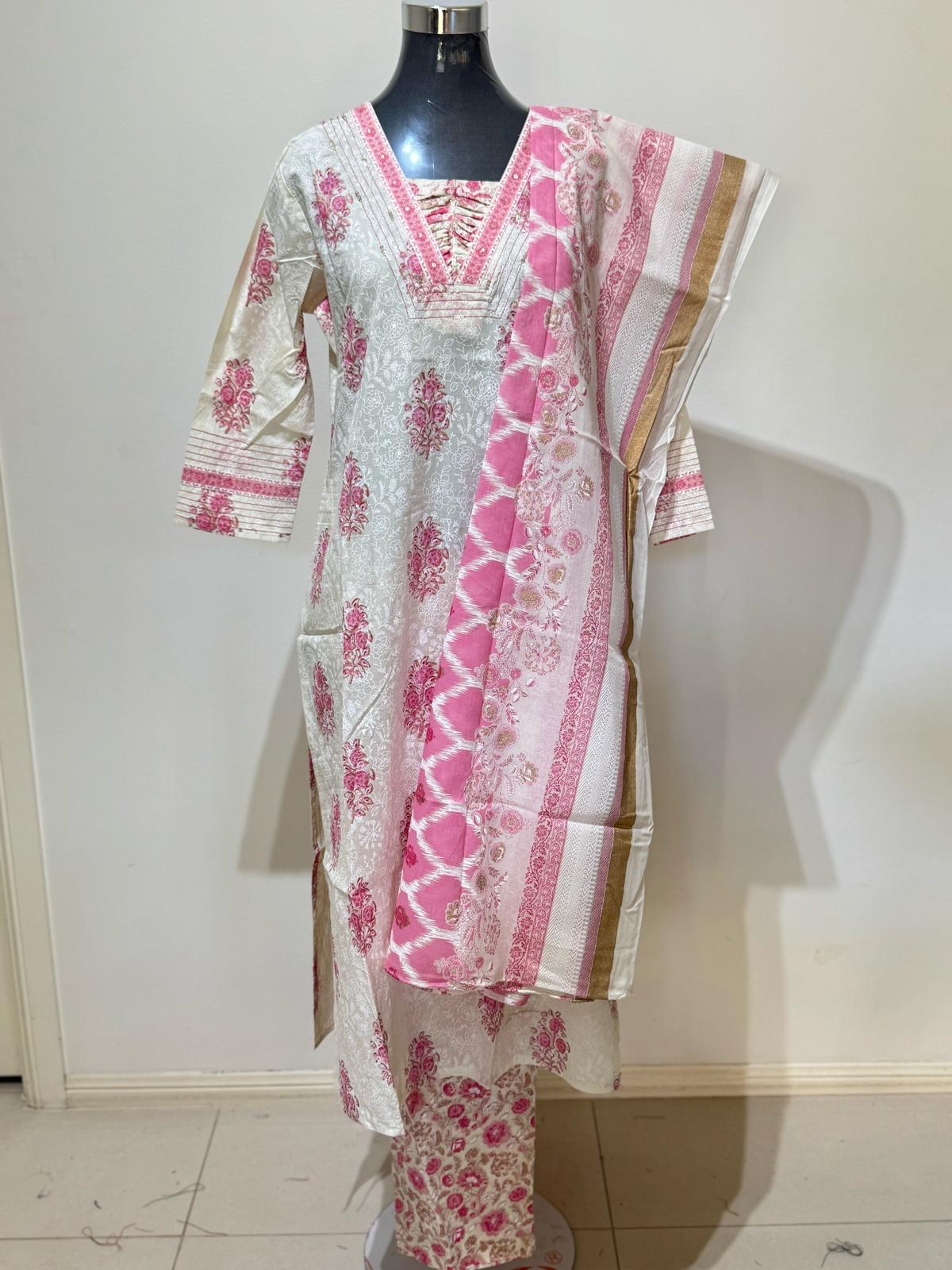 Pink On White Cotton Colored Printed Suit Set