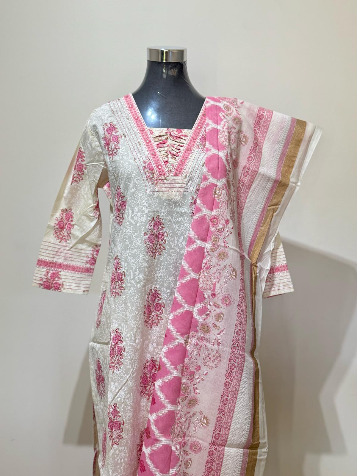 Pink On White Cotton Colored Printed Suit Set