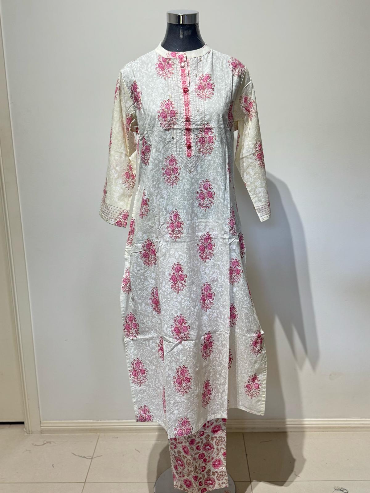 Pink On White Cotton Colored Printed Suit Set